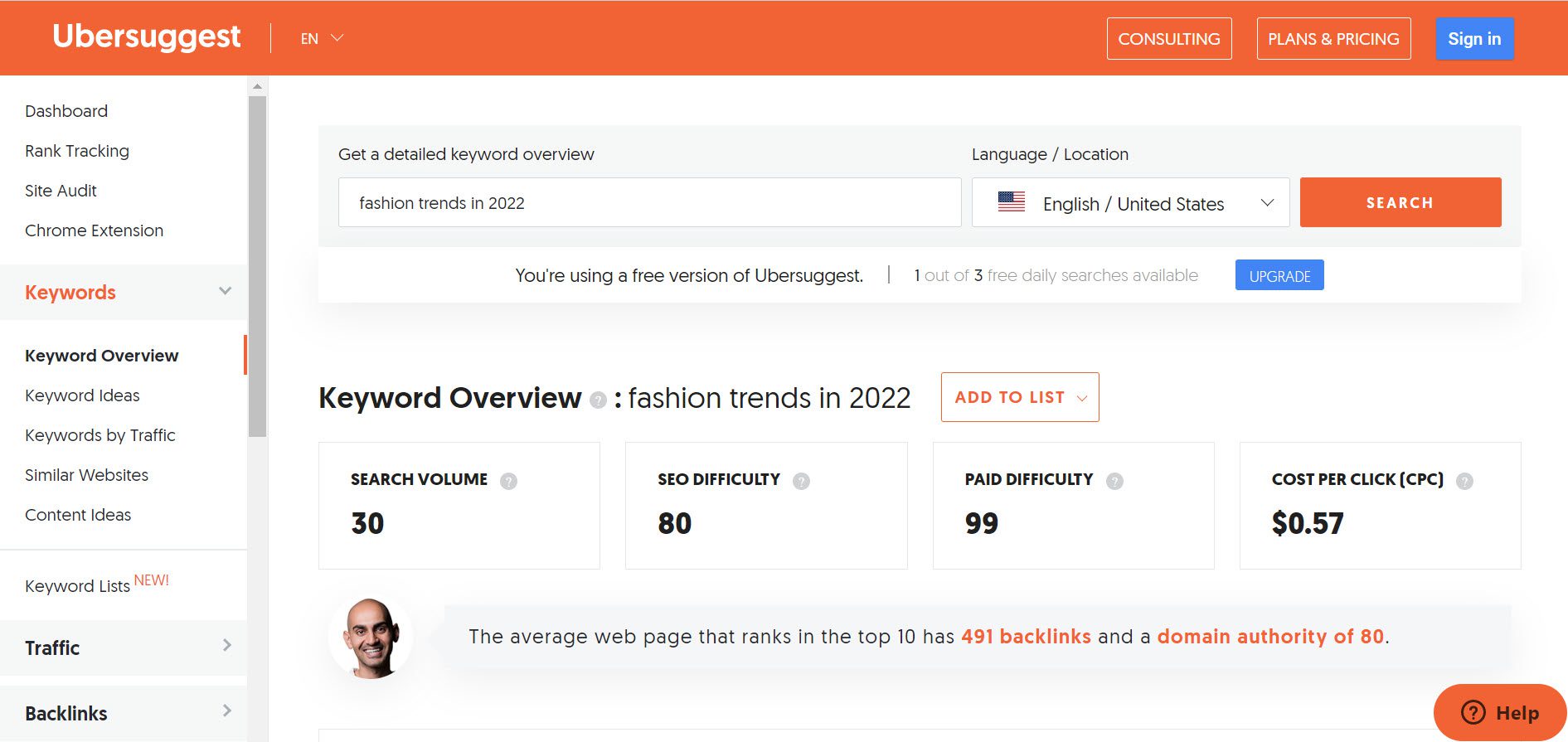 ubersuggest การวิจัยคำหลัก