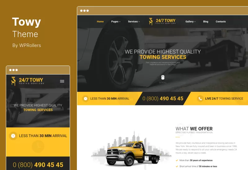 ธีม Towy - บริการช่วยเหลือฉุกเฉินบนท้องถนนในการลากจูงฉุกเฉิน ธีม WordPress