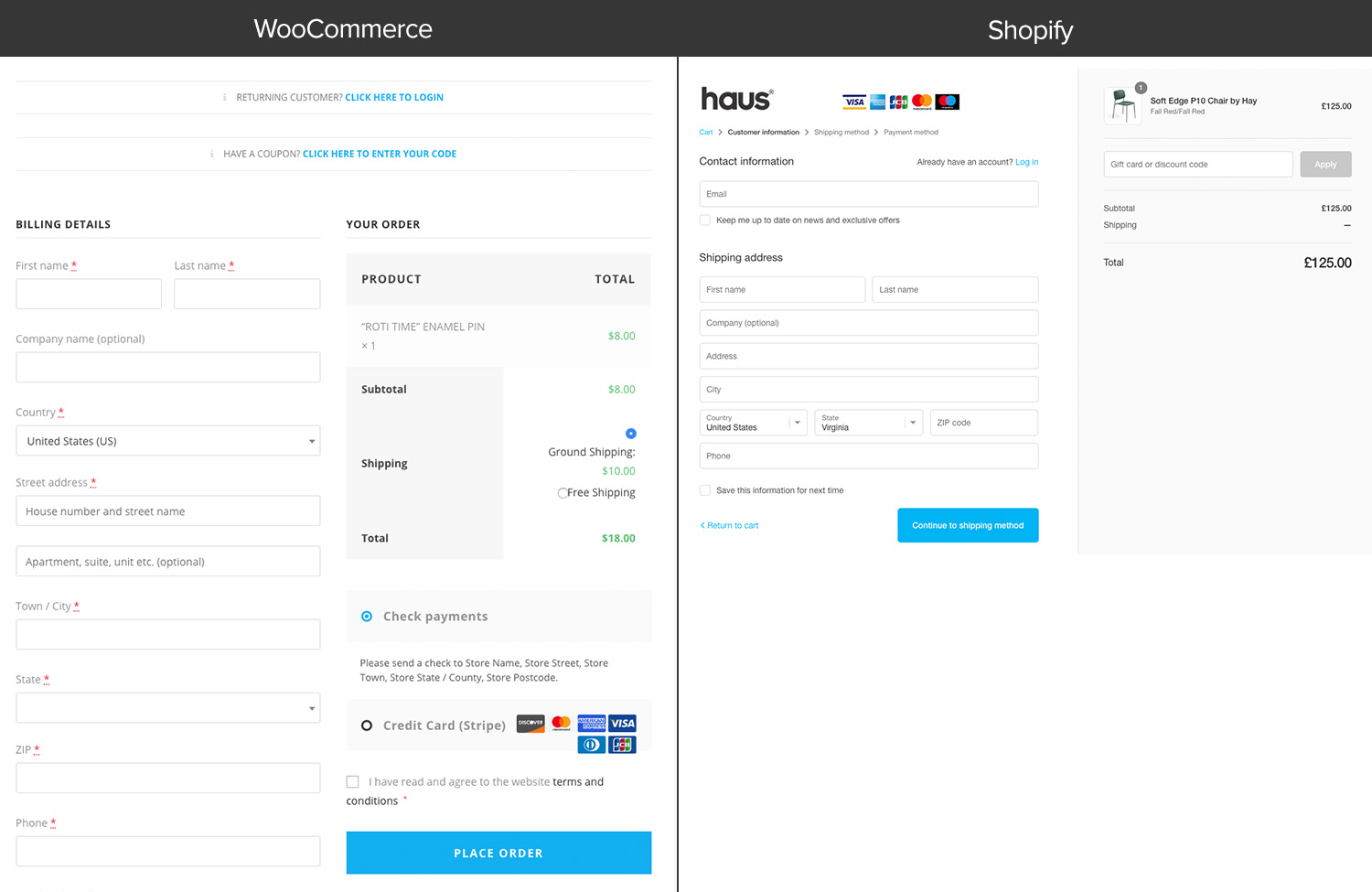 체크아웃 템플릿: WooCommerce vs. Shopify
