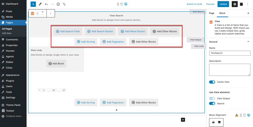 Personalización y adición de bloques para diseñar la sección de búsqueda de front-end