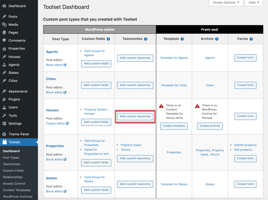 Accediendo a la página para agregar taxonomías personalizadas