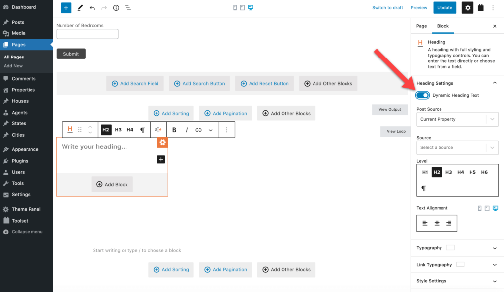Elegir un bloque de encabezado de conjunto de herramientas y configurarlo como dinámico