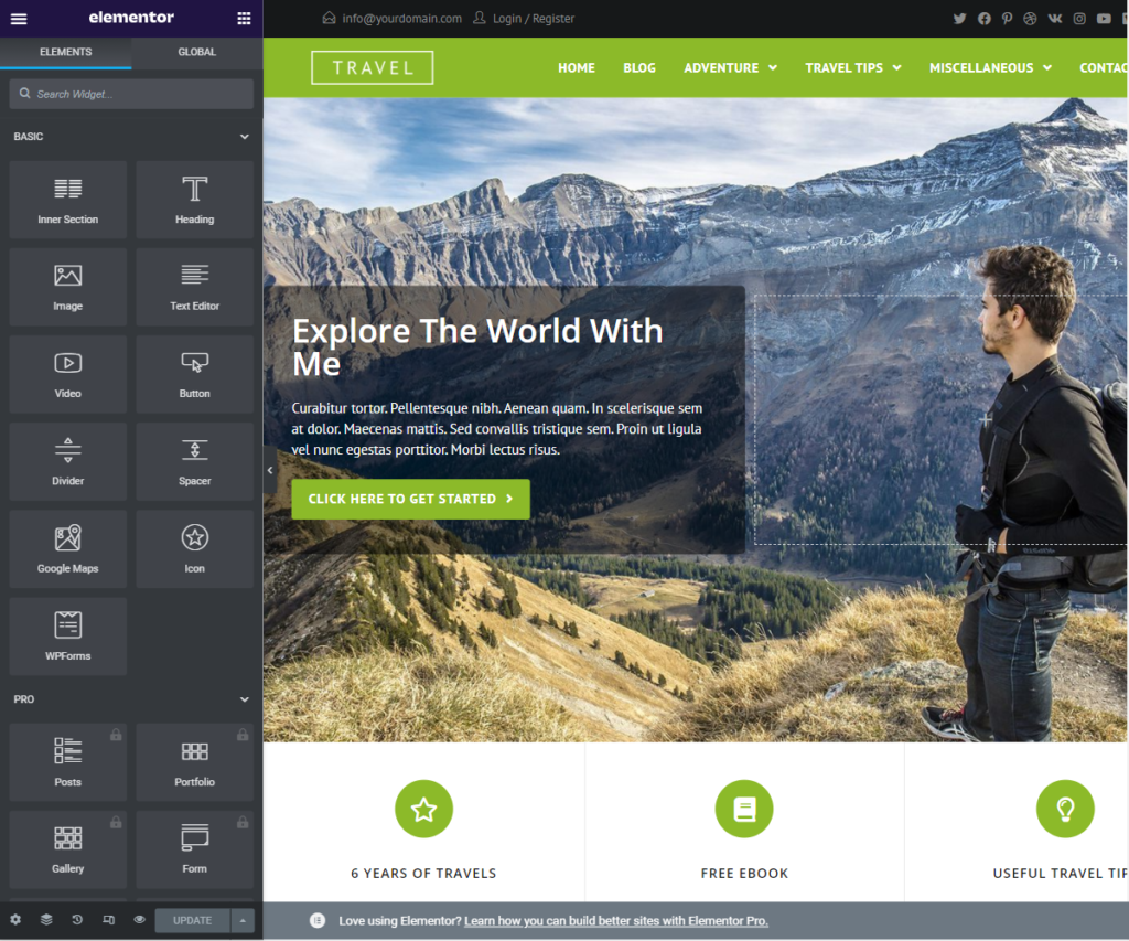 เทมเพลตการสาธิตเว็บไซต์ OceanWP Travel ที่แก้ไขใน Elementor