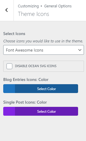 สกรีนช็อตของการตั้งค่าไอคอน OceanWP SVG
