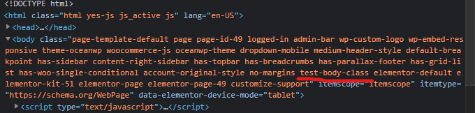 สกรีนช็อตของคลาสร่างกายแบบกำหนดเองของ OceanWP ในเว็บไซต์ HTML
