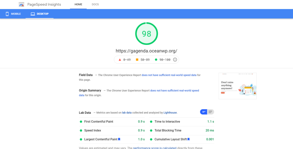elementor vs gutenberg: การเปรียบเทียบความเร็วหน้า: เดสก์ท็อปหน้าของ gutenberg