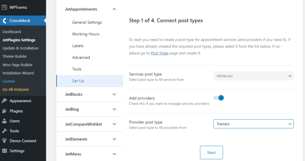 captura de pantalla de la configuración del complemento de reserva de citas: paso 1