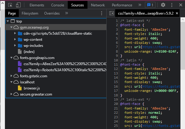 Actualización de OceanWP: vista previa de cómo se cargan las fuentes de Google en un sitio web en el inspector del navegador