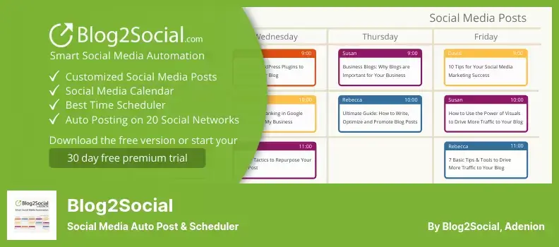 Blog2Social Plugin - โซเชียลมีเดียโพสต์ & กำหนดการอัตโนมัติ
