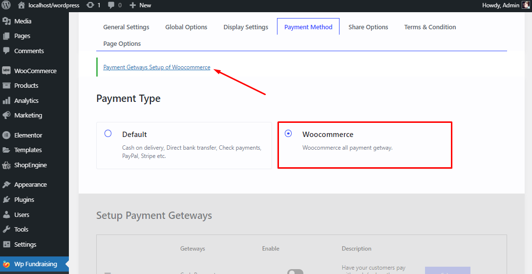 Opciones de pasarela de pago de WooCommerce de recaudación de fondos de WP