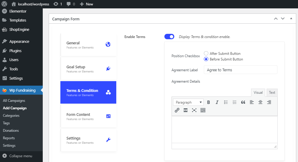 Configuración de los términos y condiciones de la campaña de recaudación de fondos de WP