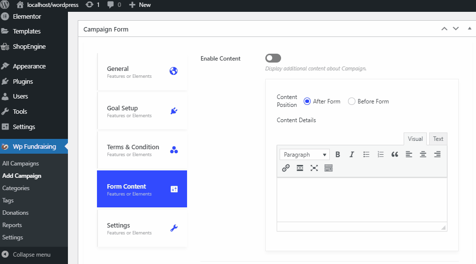 Configuración del formulario de contenido de la campaña de recaudación de fondos de WP