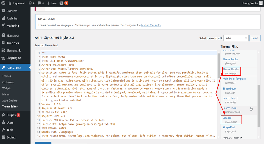 打开 header.php 文件或 sidebar.php 文件