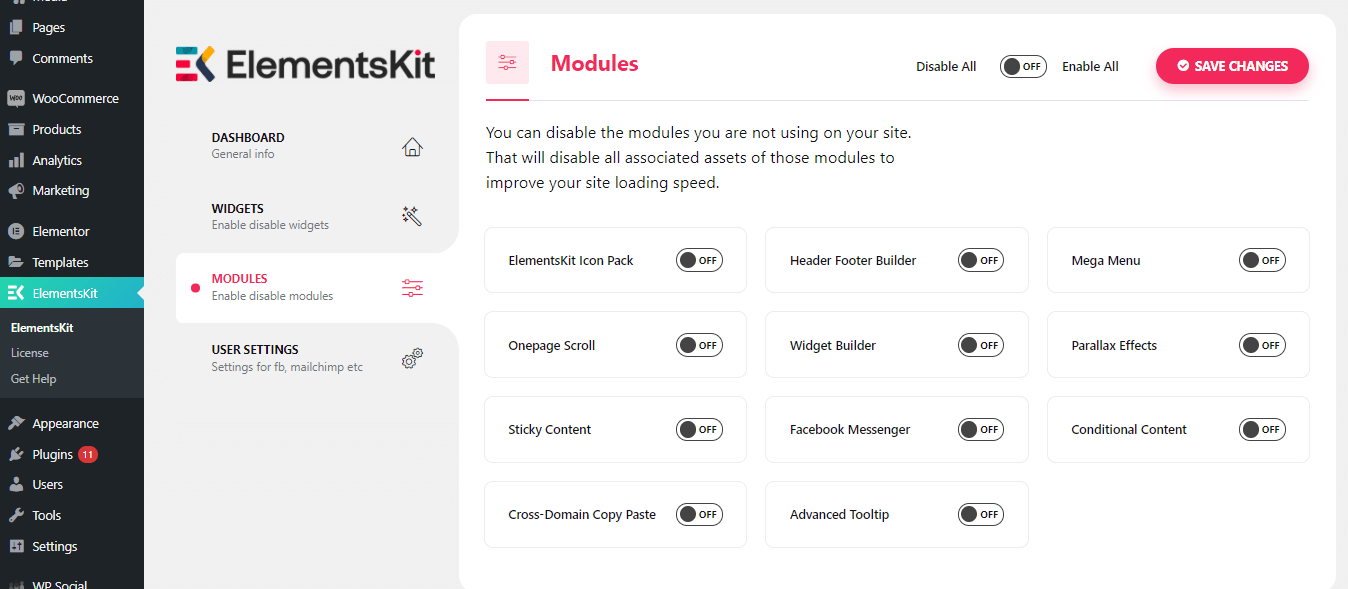 Module ale suplimentului ElementsKit Elementor