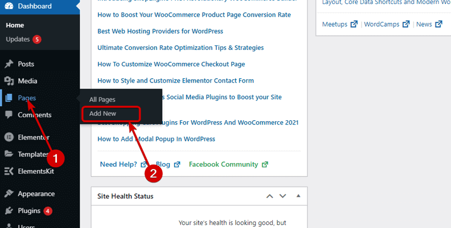導航到 WordPress 新頁面