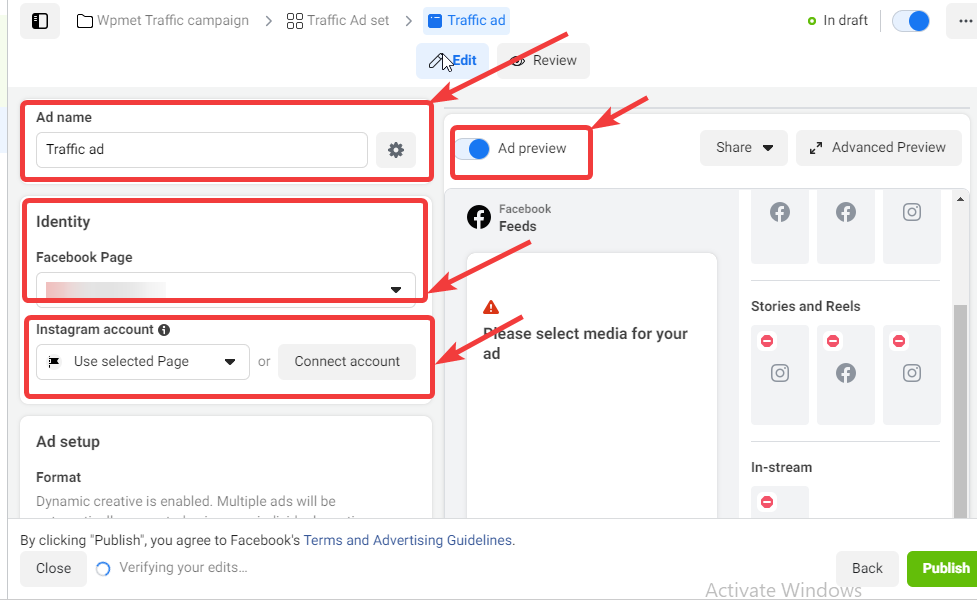 廣告名稱和 fb 頁面設置運行 facebook 廣告活動