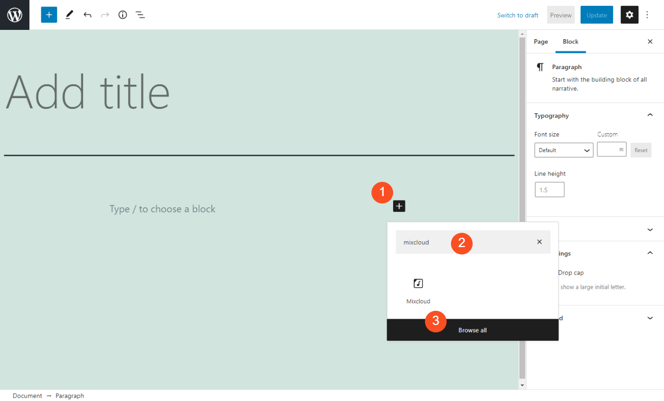 Menambahkan blok Embed Mixcloud di WordPress.