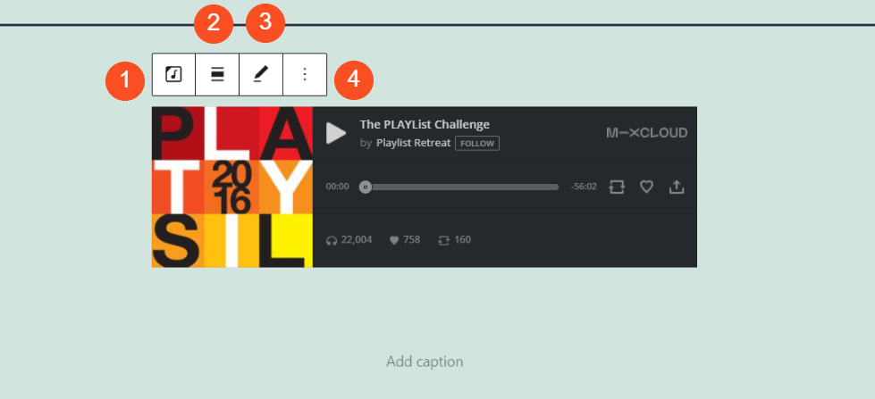 Bilah alat blok Embed Mixcloud.