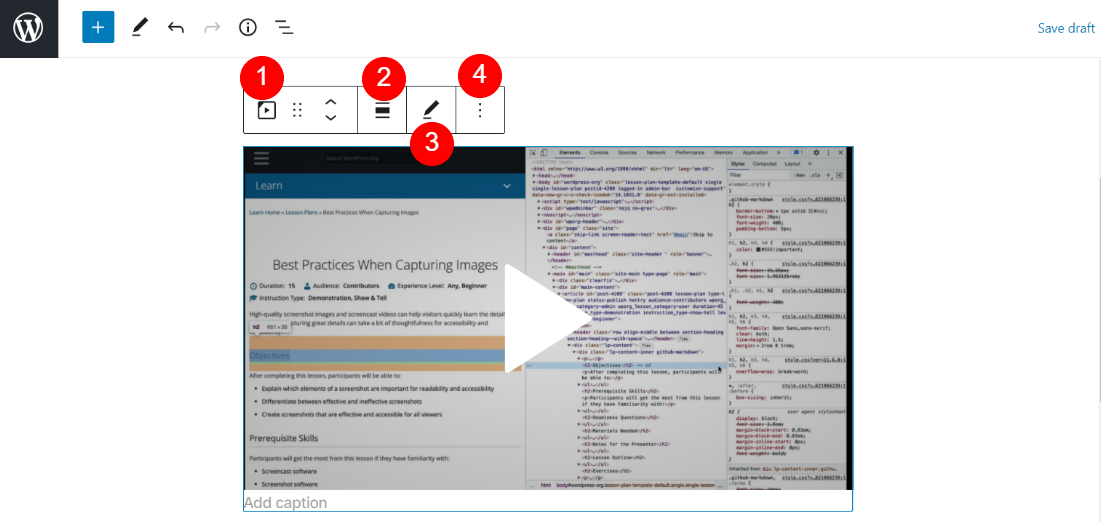 WordPress.tv 嵌入塊的設置。