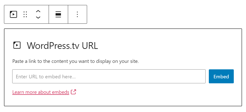 WordPress.tv 嵌入塊的 URL 框。