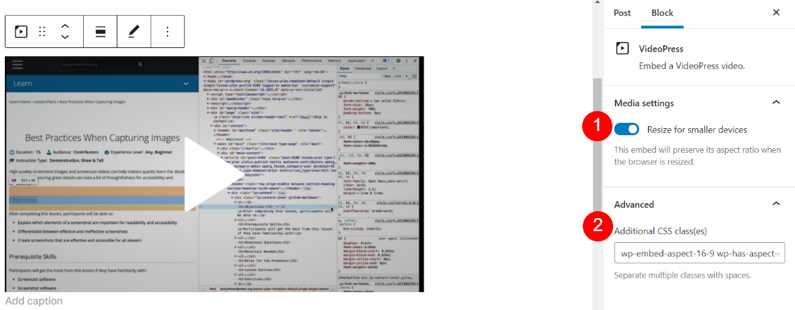 WordPress.tv 嵌入塊的附加塊設置。
