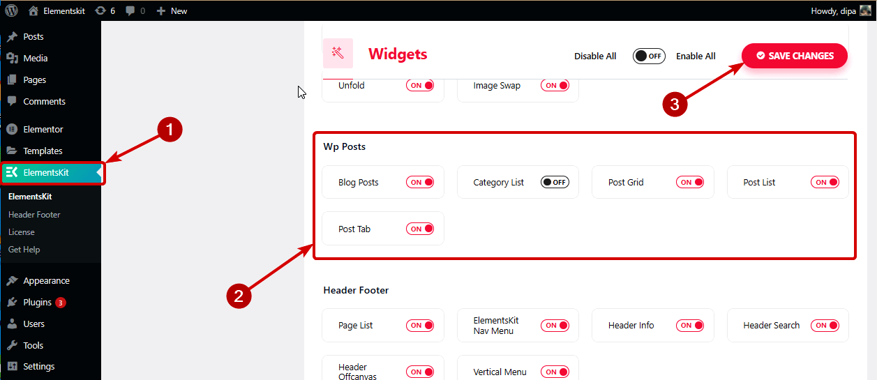Abilita i widget relativi ai post di ElementsKit