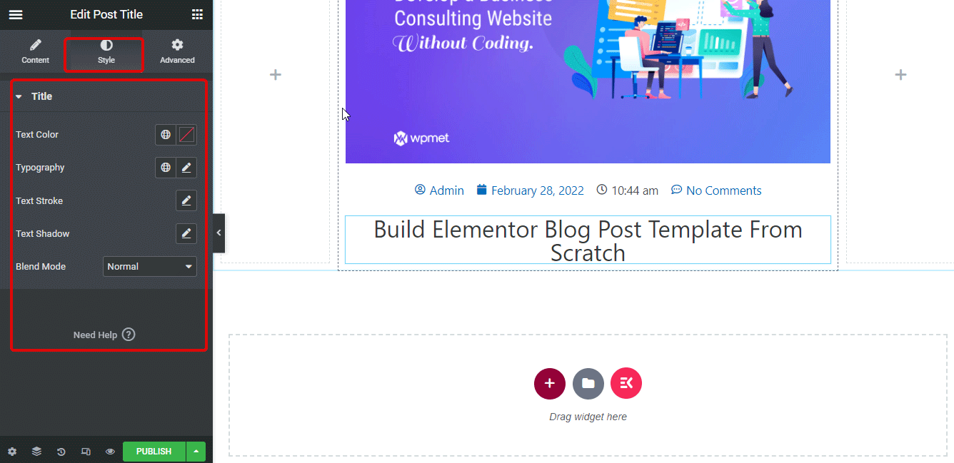 impostazioni dello stile del titolo del post elementor