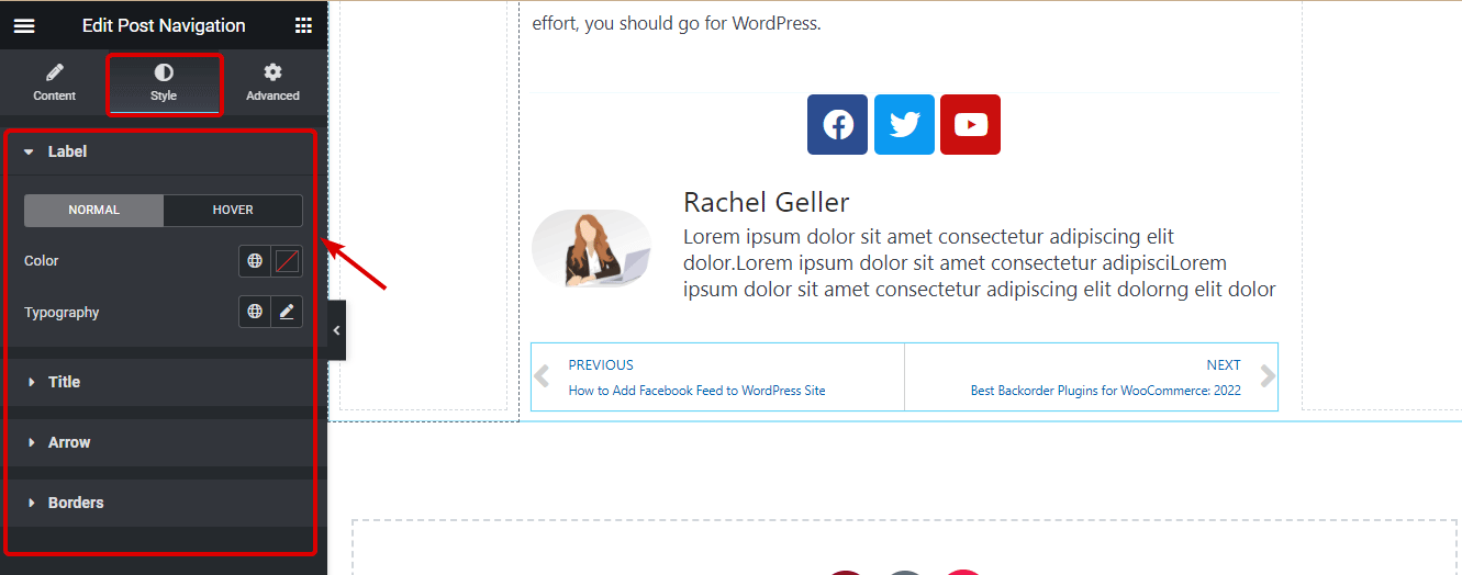 Impostazioni dello stile del widget di impaginazione del post del modello di blog personalizzato di Elementor