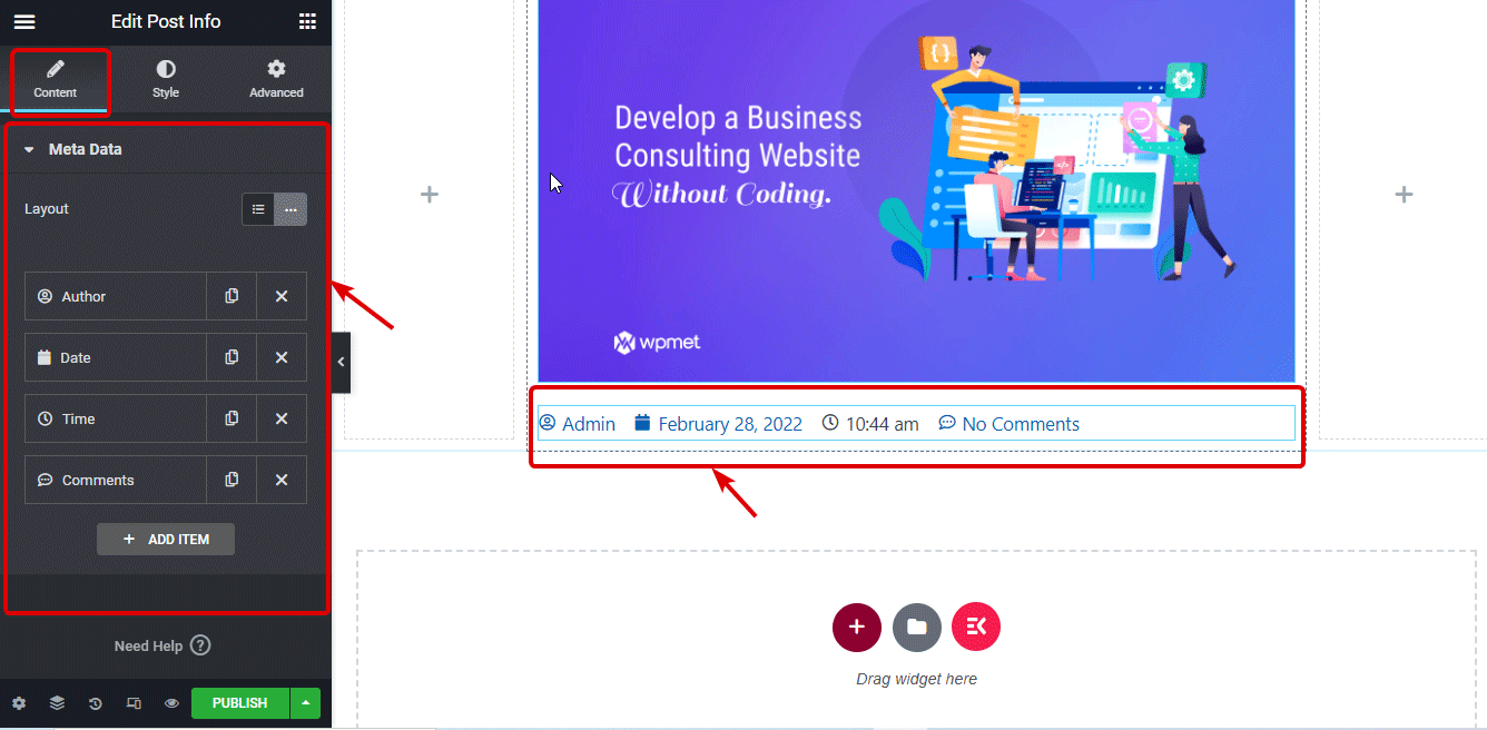 informazioni sul post Impostazioni del widget Elementor