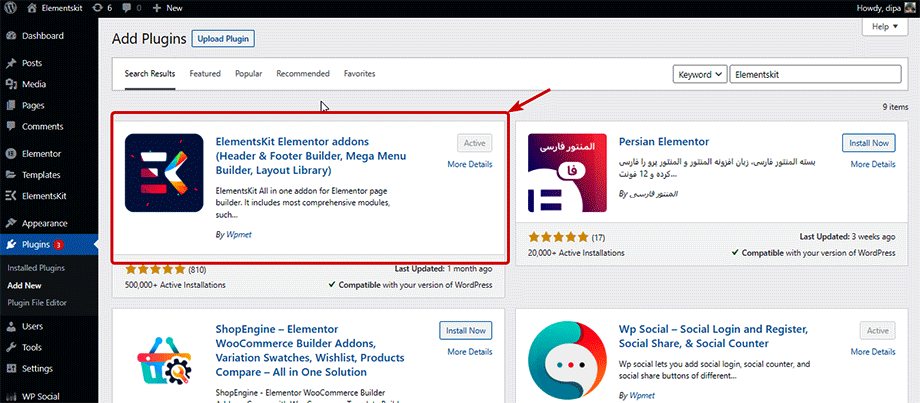 installa e attiva ElementsKit all in su addon per Elementor