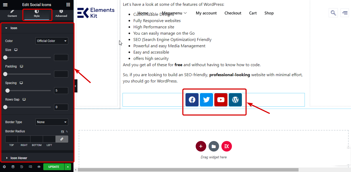 Impostazioni di stile delle impostazioni di Elementor Social Icons