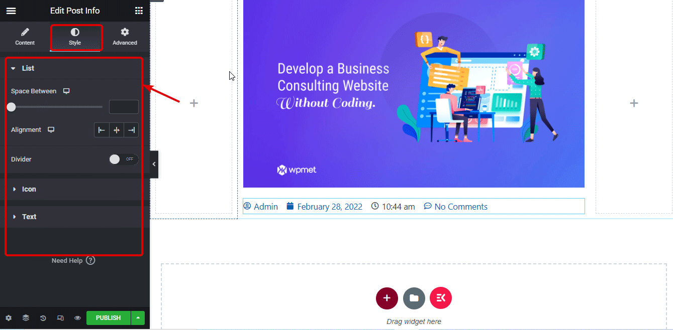 Informazioni sul post Impostazioni dello stile del widget Elementor