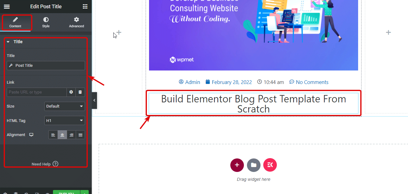 contenuto del titolo del post Impostazioni post del blog Elementor personalizzato