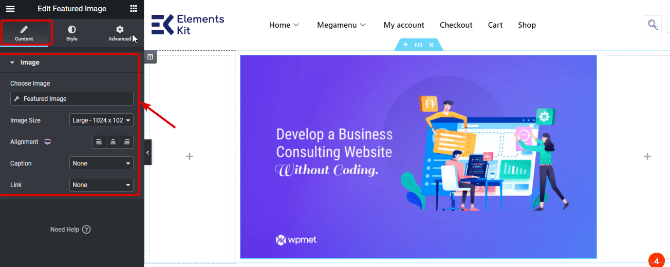 Impostazioni del contenuto del widget immagine in primo piano di Elementor