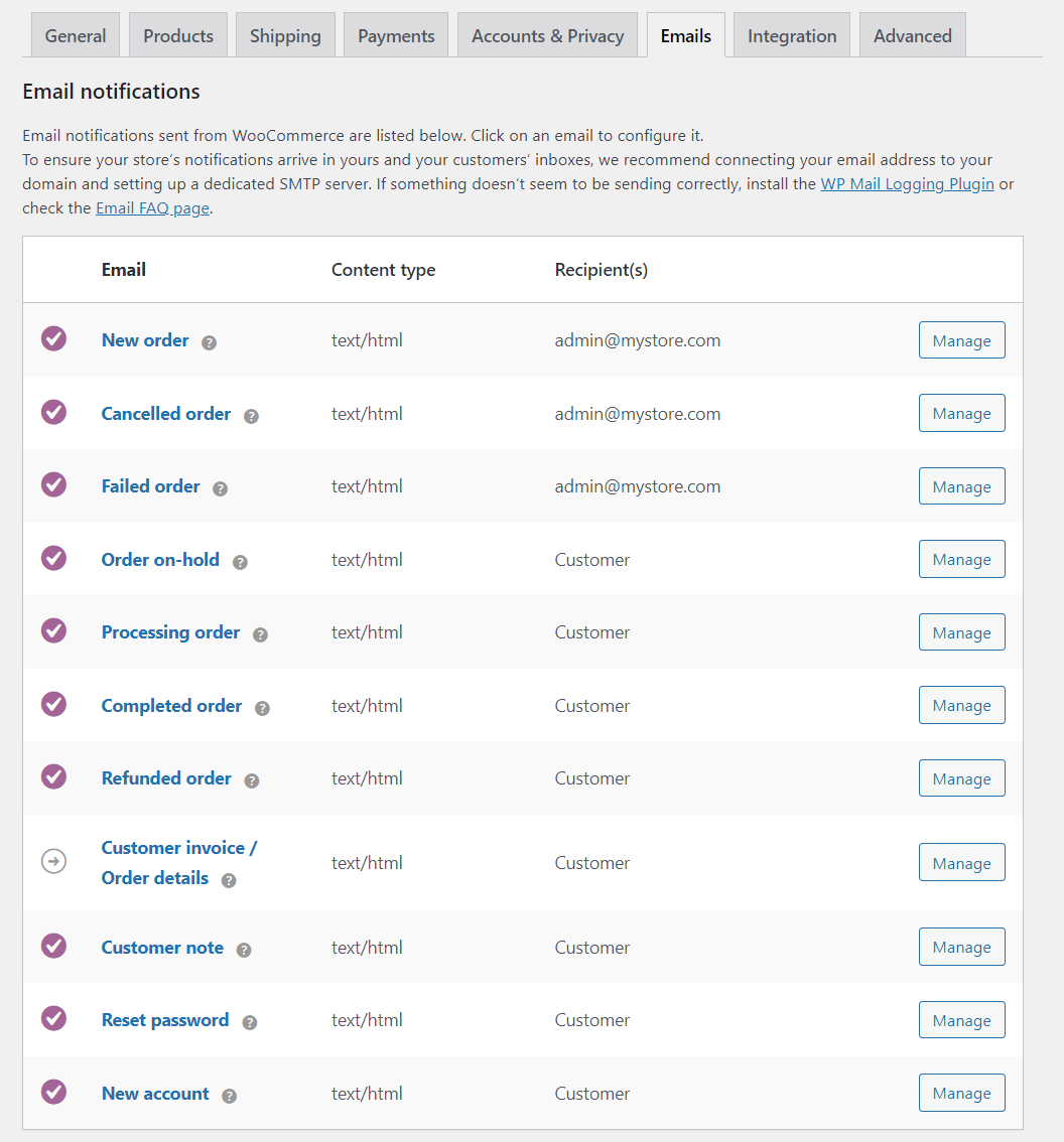 WooCommerce 電子郵件設置