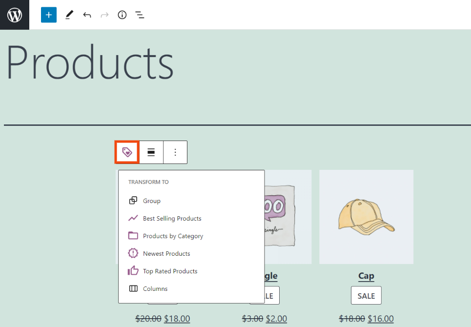 Las opciones para transformar el bloque de Productos en Venta.