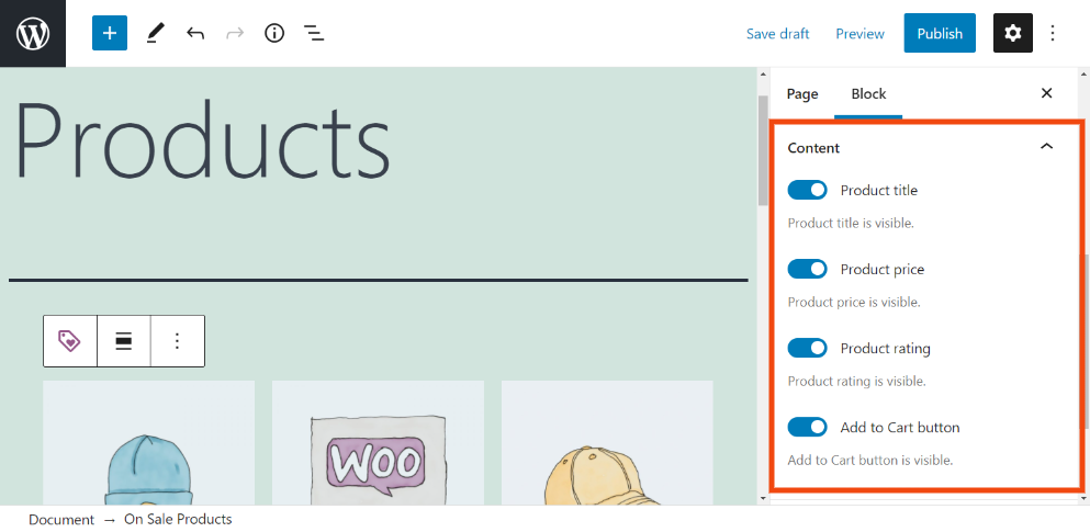 La sección Contenido del bloque Productos en oferta.