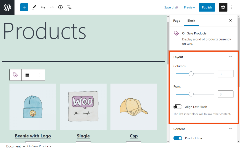 La sección Diseño de la configuración del bloque Productos en oferta.
