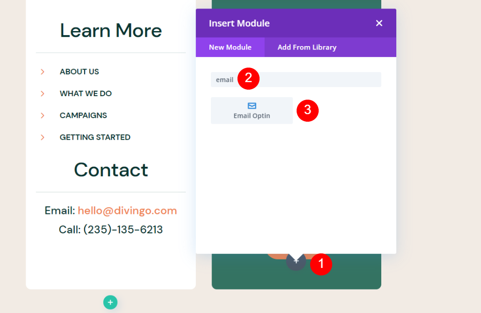 Aggiungi l'opzione e-mail al piè di pagina di Divi con un modulo Divi