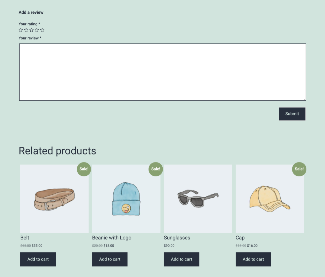 Una sección de revisión de productos de una tienda WooCommerce.