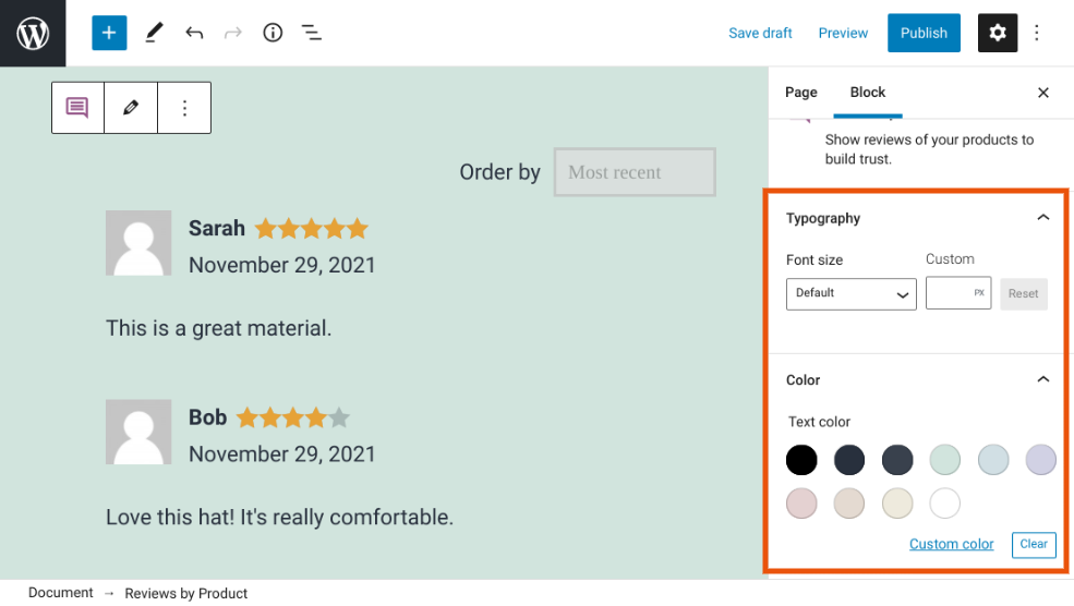 La configuración de tipografía de un bloque de WooCommerce.