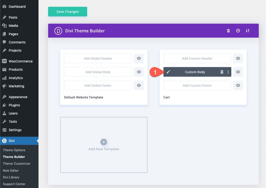 Șablon de pagină de coș Divi WooCommerce