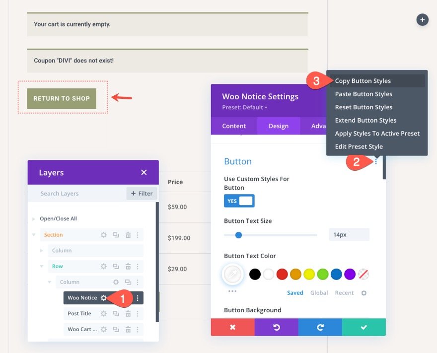 Șablon de pagină de coș Divi WooCommerce