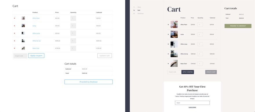Șablon de pagină de coș Divi WooCommerce