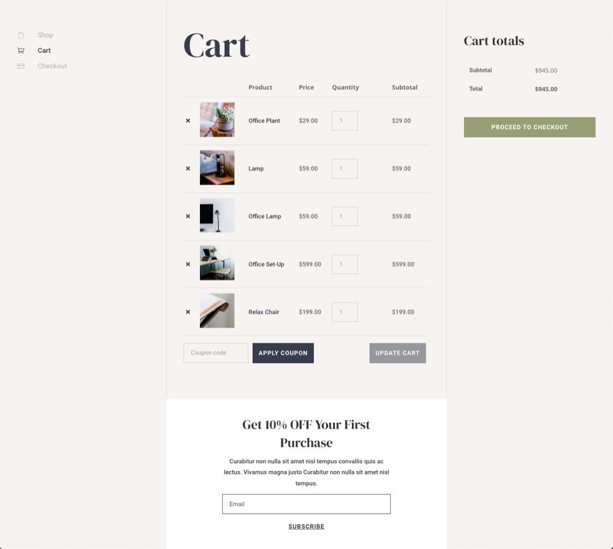 Șablon de pagină de coș Divi WooCommerce
