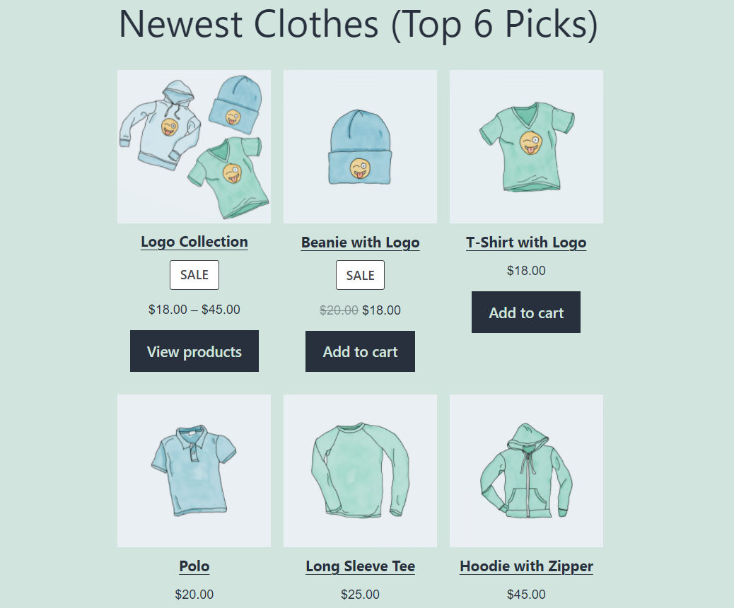 Afișarea celor mai noi șase produse cu blocul Products by Category WooCommerce.