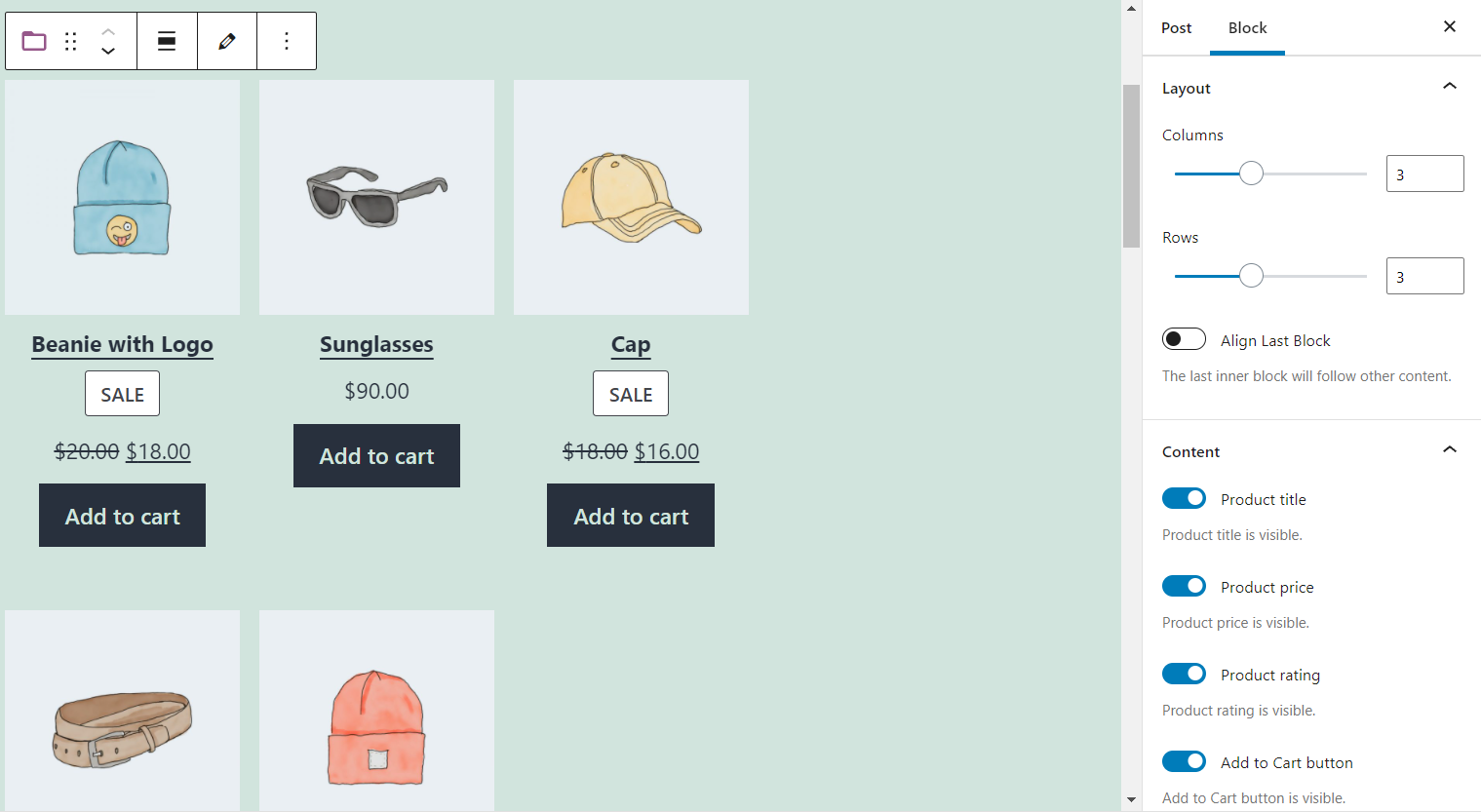 Setările de aspect și conținut pentru blocul WooCommerce.