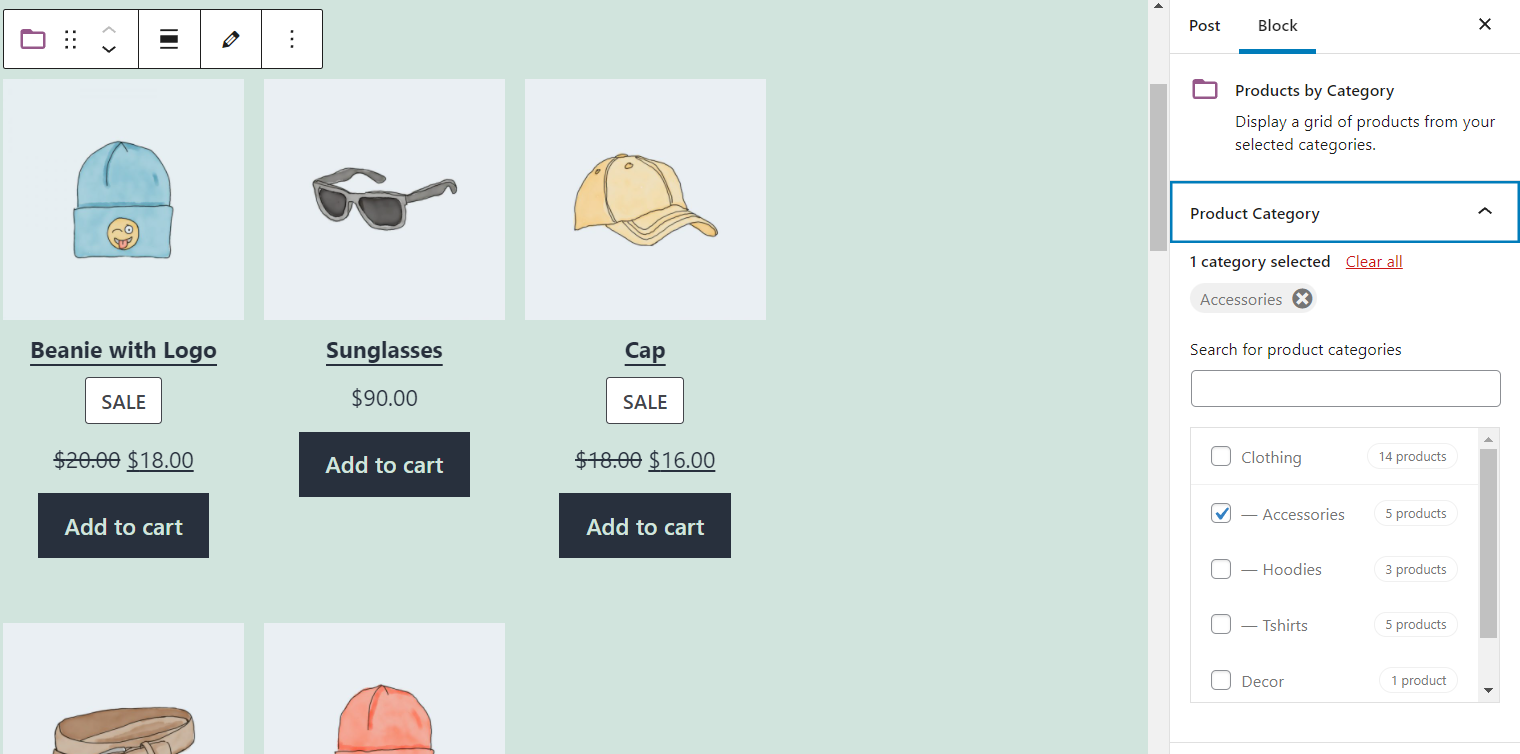 Setarea Categorie produs pentru blocul Produse după categorie WooCommerce.