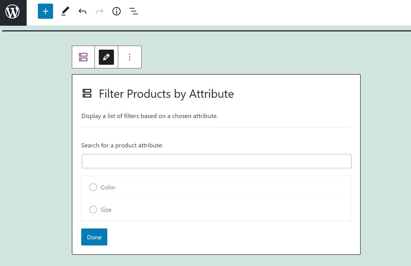 속성 WooCommerce 블록으로 제품 필터링에서 속성 선택