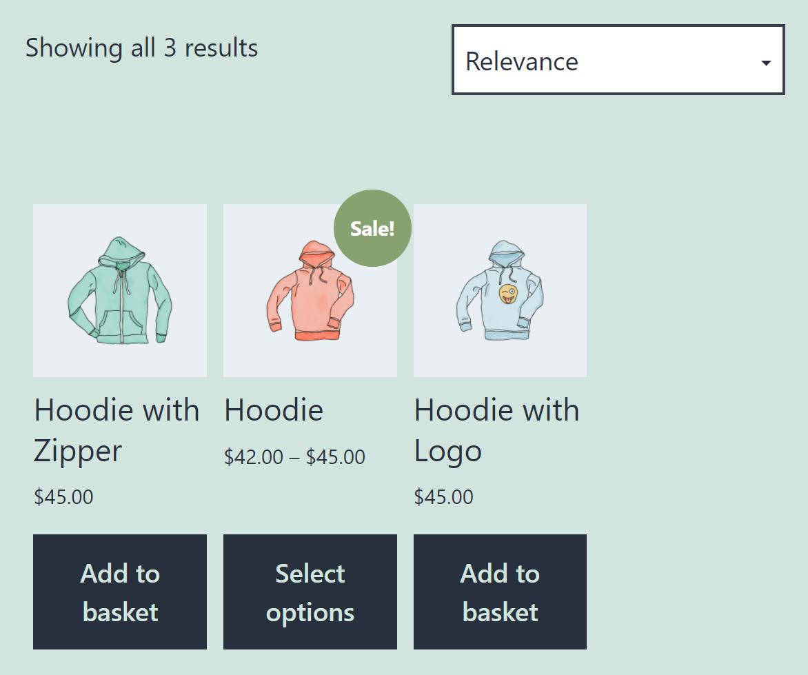 Rezultatele căutării pentru hanorace în WooCommerce